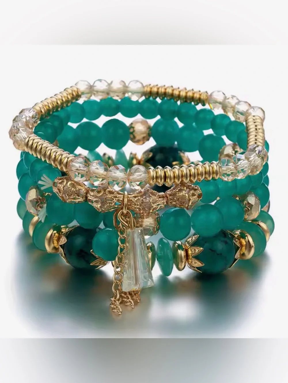 4 Piece Tassel Charm Beaded Stretch Bracelet Aqua
